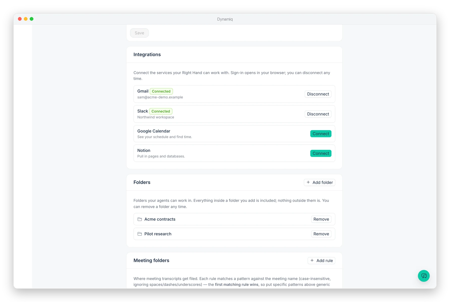 Dynamiq settings: connect Gmail and Slack, and choose the folders it can use